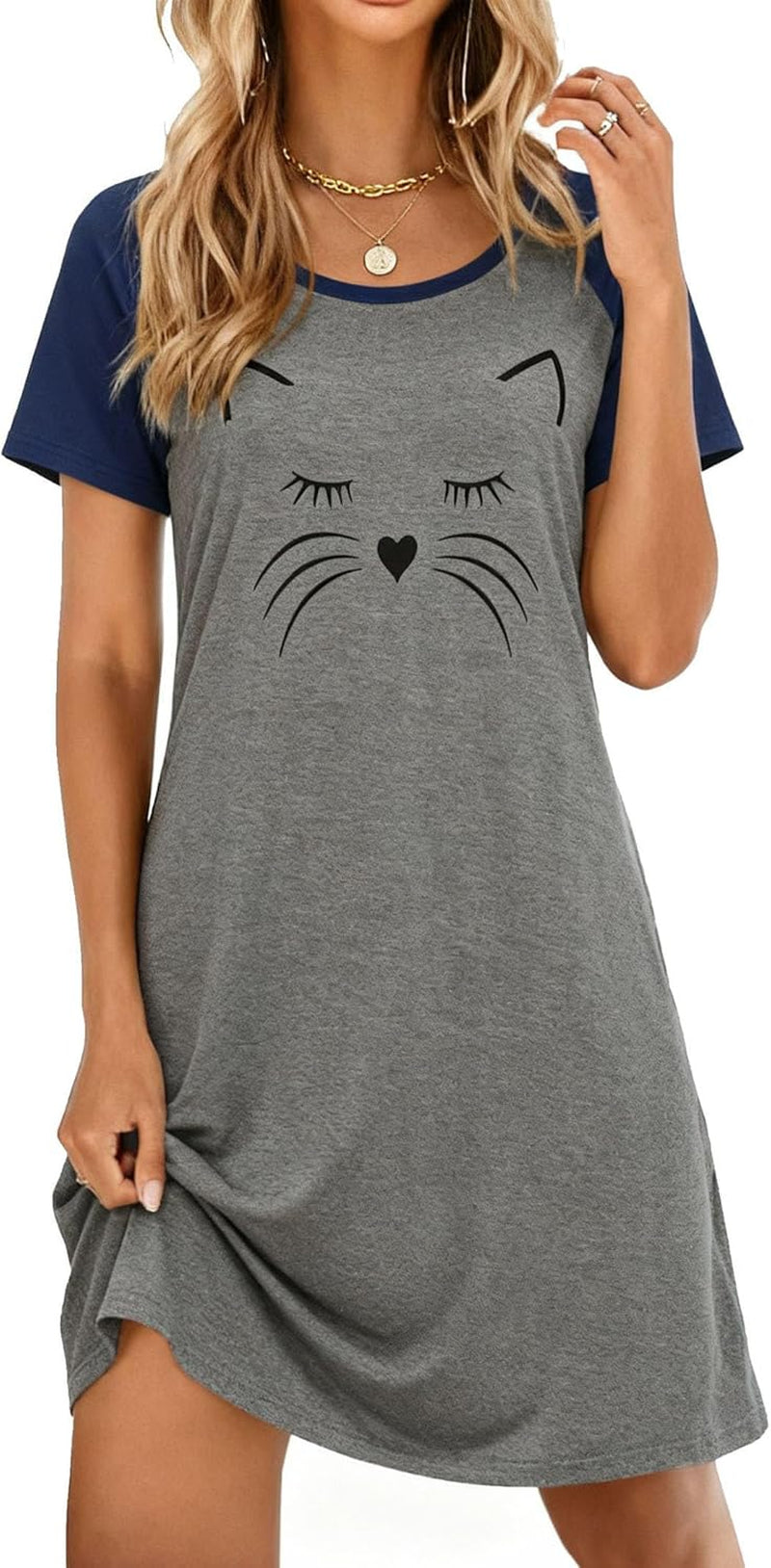 Womens Nightgowns Short Sleeve Nightshirts Printed Sleepwear Soft Sleep Shirts S-3XL