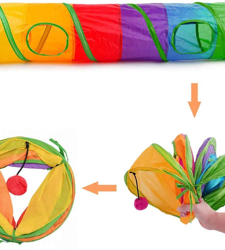 Cat Tunnel for Indoor Cats, 45" Long Rainbow Collapsible Kitten Tube with a Fun Ball and 2 Holes Cat Play Tunnel, Rabbit Tunnel for Kittens Exercising Hiding Training and Running(Colorful)