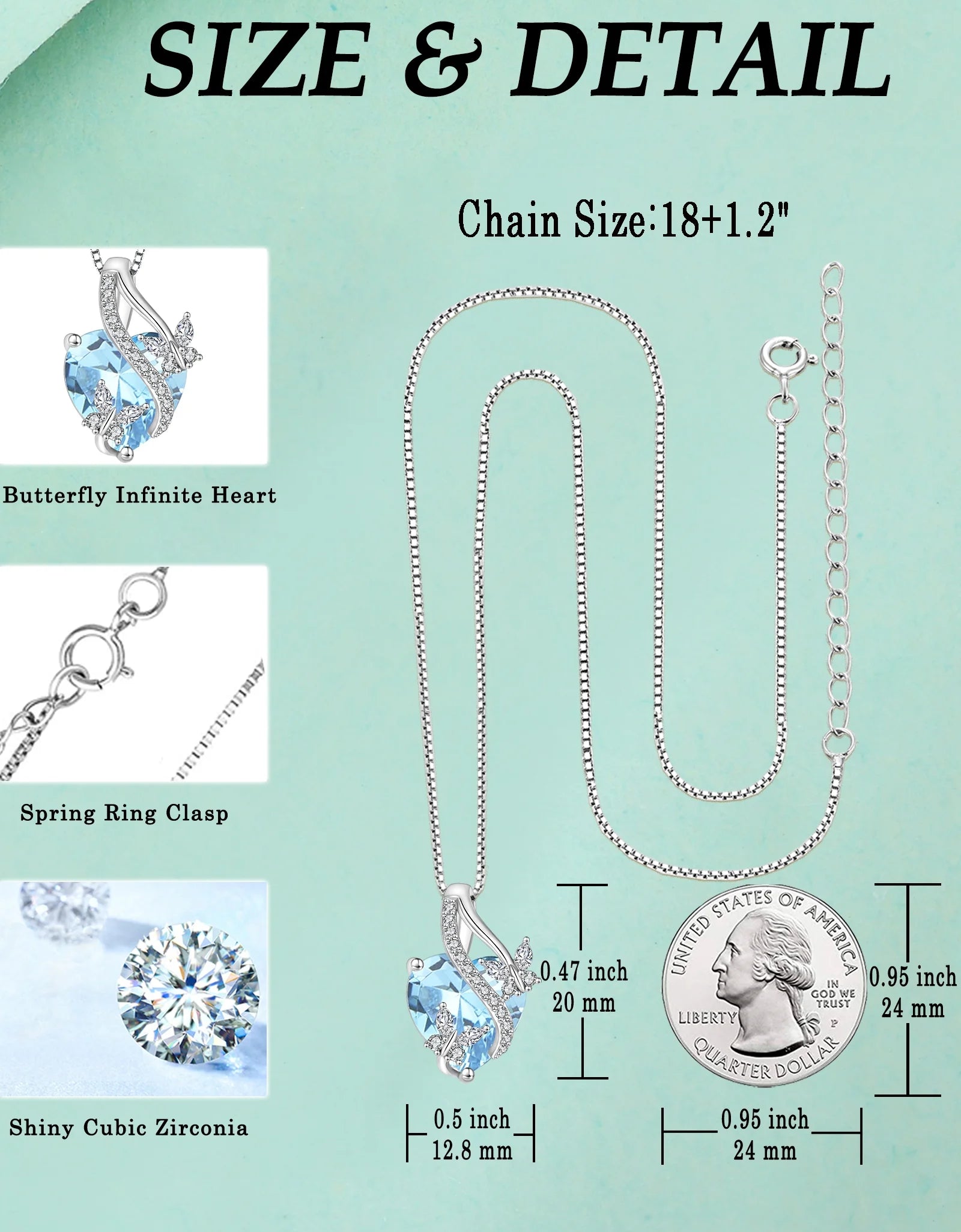 Infinite Heart Pendant Sterling Silver Butterfly Necklace for Women Jewelry Gift with Birthstone March Created Aquamarine
