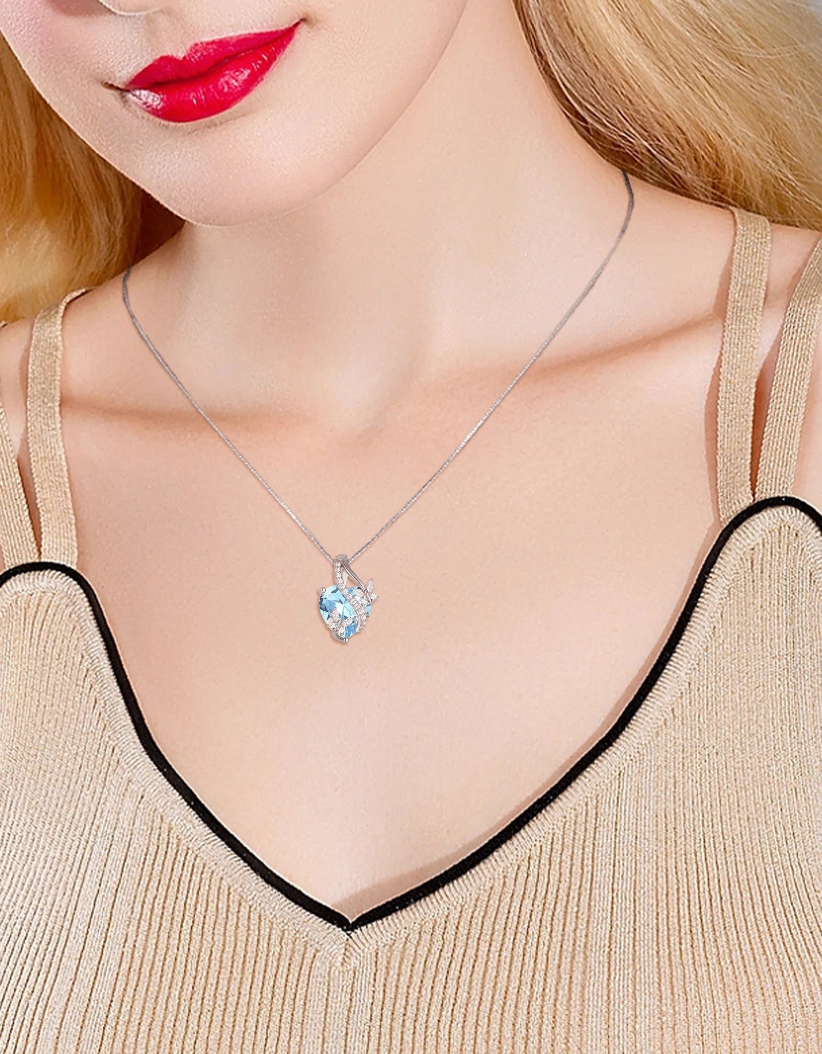 Infinite Heart Pendant Sterling Silver Butterfly Necklace for Women Jewelry Gift with Birthstone March Created Aquamarine