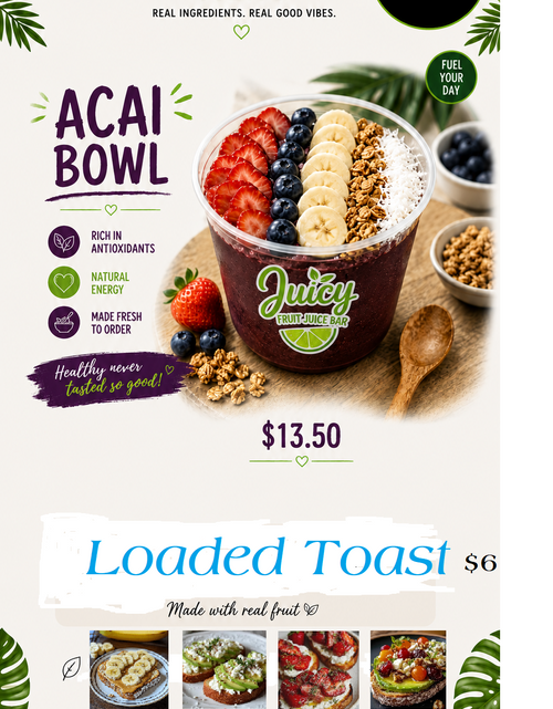 Load image into Gallery viewer, Juicy Fruit Juice Bar Smoothies &amp; Cold Press Beverages
