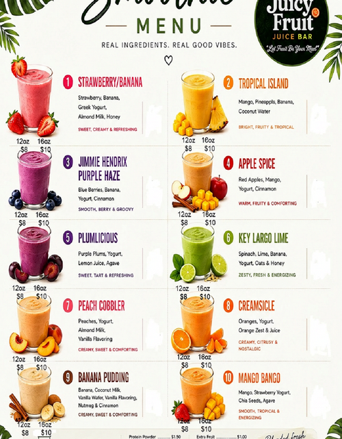 Load image into Gallery viewer, Juicy Fruit Juice Bar Smoothies &amp; Cold Press Beverages
