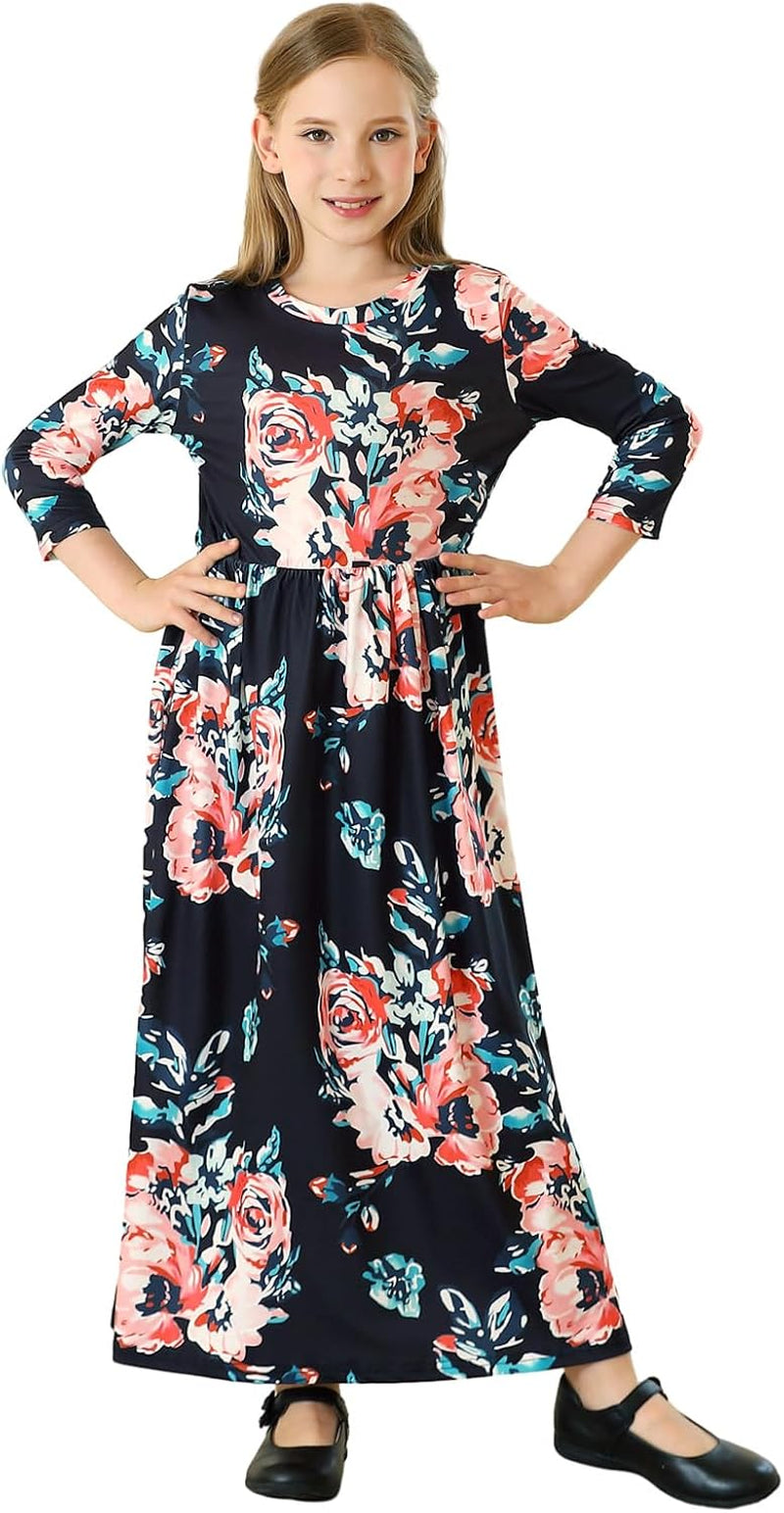 Girl Maxi Dress Floral Long Dresses with Pocket for Girls 6-12 Years