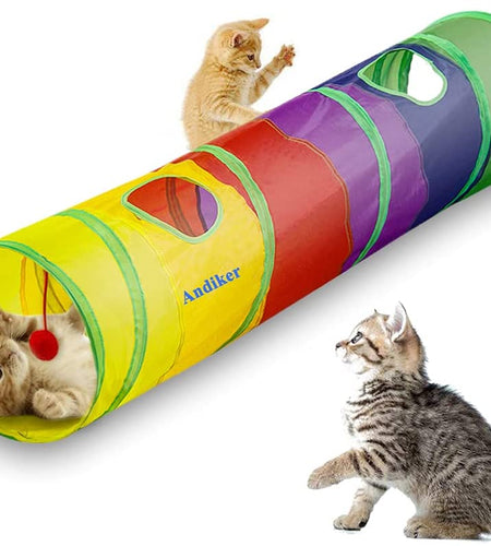 Cat Tunnel for Indoor Cats, 45" Long Rainbow Collapsible Kitten Tube with a Fun Ball and 2 Holes Cat Play Tunnel, Rabbit Tunnel for Kittens Exercising Hiding Training and Running(Colorful)