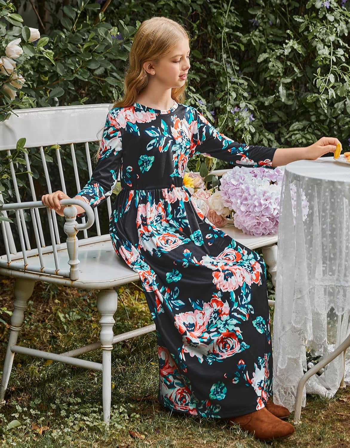 Girl Maxi Dress Floral Long Dresses with Pocket for Girls 6-12 Years